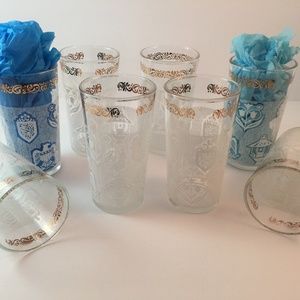 Vintage 8 Drinking Glasses-Rooster-Lantern-Shield